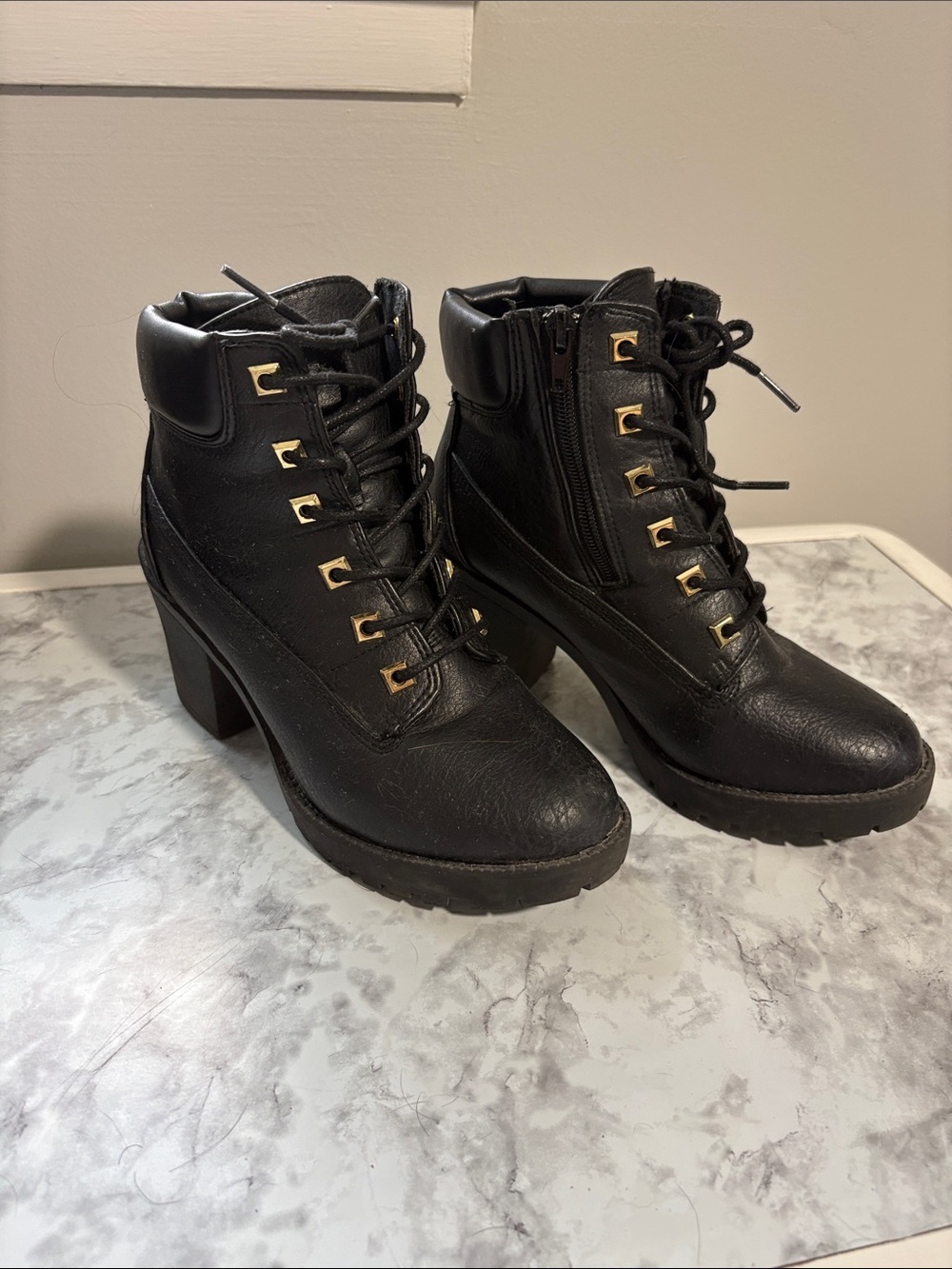 Black Lace-Up Heeled Ankle Boots